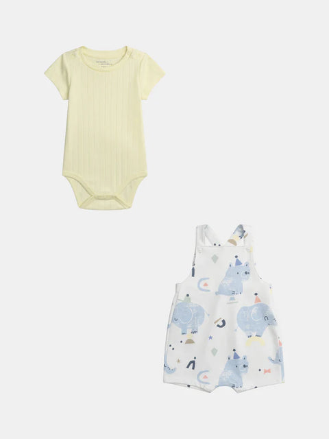 Newborn Yellow Cotton T-shirt & Matching White Printed Cotton Dungarees