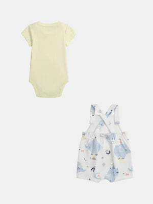 Newborn Yellow Cotton T-shirt & Matching White Printed Cotton Dungarees