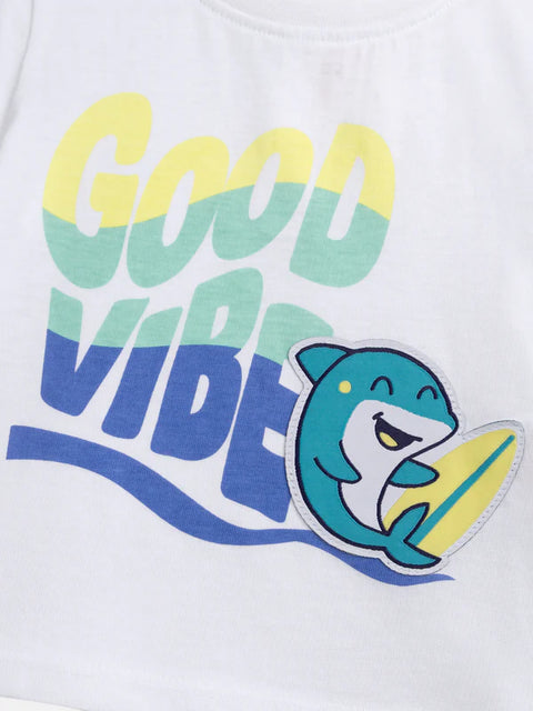 White "Good Vibes" Print Cotton T-shirt