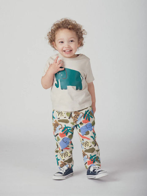 Beige Elephant Print Cotton T-shirt