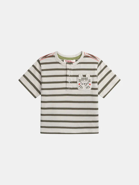 Beige Stripe Button Neck Cotton T-shirt