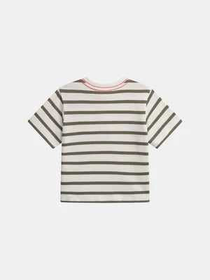 Beige Stripe Button Neck Cotton T-shirt