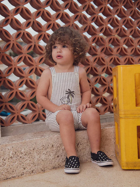 White Striped Linen & Cotton Mix Short Dungarees