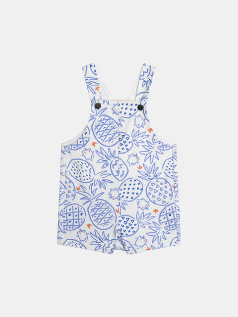 Blue Pineapple Print Short Cotton Dungarees
