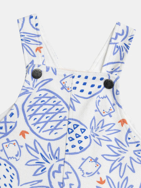 Blue Pineapple Print Short Cotton Dungarees
