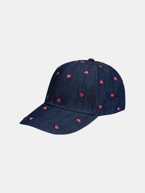 Blue Denim Baseball Cap With Heart Embroidery