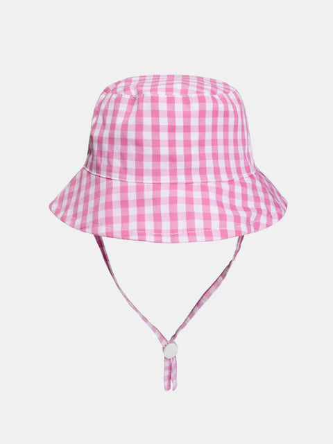 Pink Gingham Cotton Bucket Hat With Ties