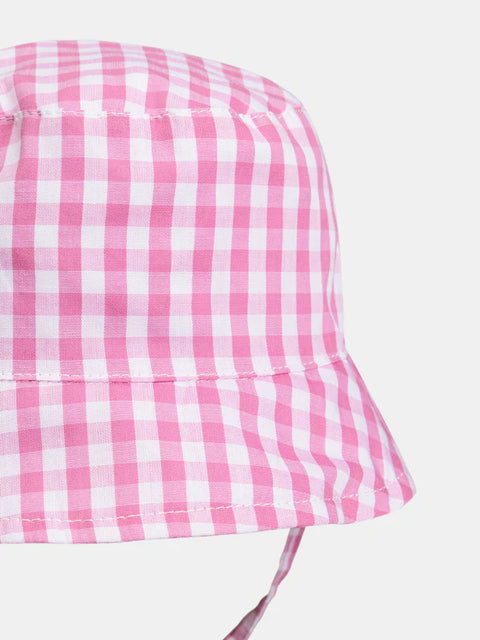 Pink Gingham Cotton Bucket Hat With Ties