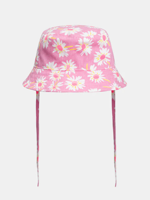 Reversible Pink Daisy Print Cotton Hat With Ties
