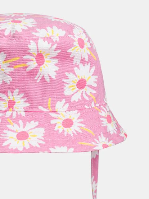 Reversible Pink Daisy Print Cotton Hat With Ties