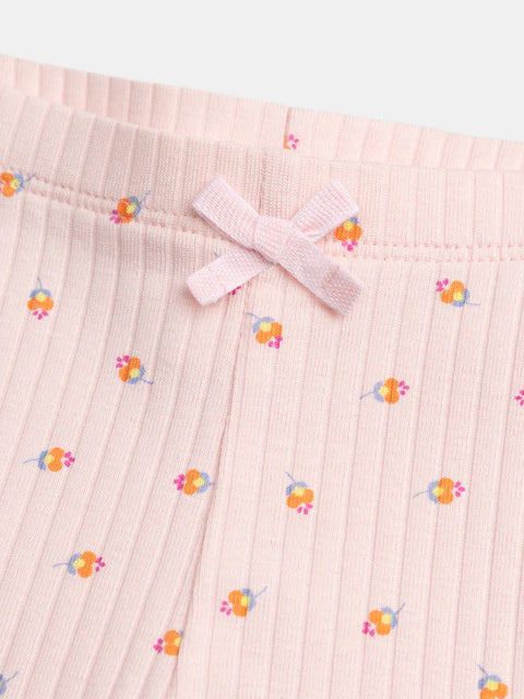 Ribbed Pink Floral Print Cotton Leggings