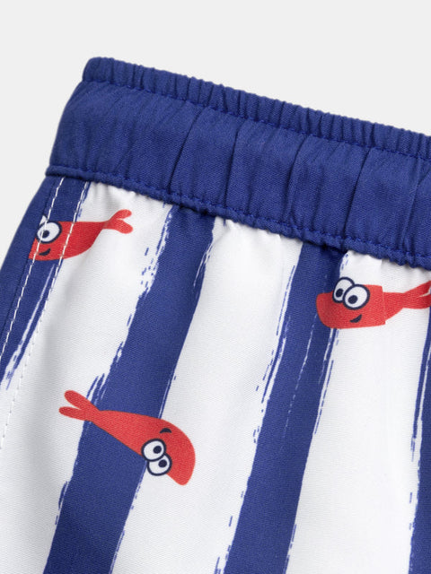Blue Striped Shrimp Print Swim Shorts
